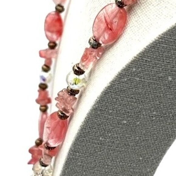 Vintage Pink Glass Bead & Rose Quartz Necklace With Toggle Clasp - 20 Inches - Picture 6 of 6